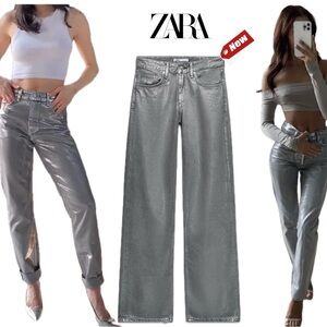 Zara TRF metallic silver liquid foil mid rise wide leg denim jeans Sz 6 NWOT